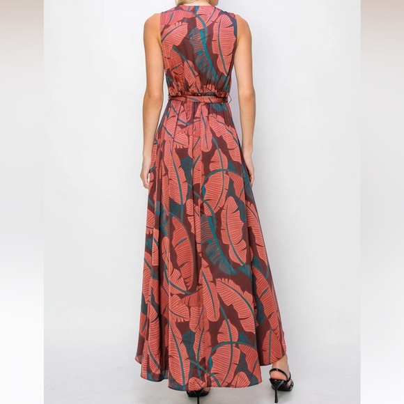 Burgundy Sleeveless Leaf Print Surplice High-Low Maxi Dress - Picture 3 of 6